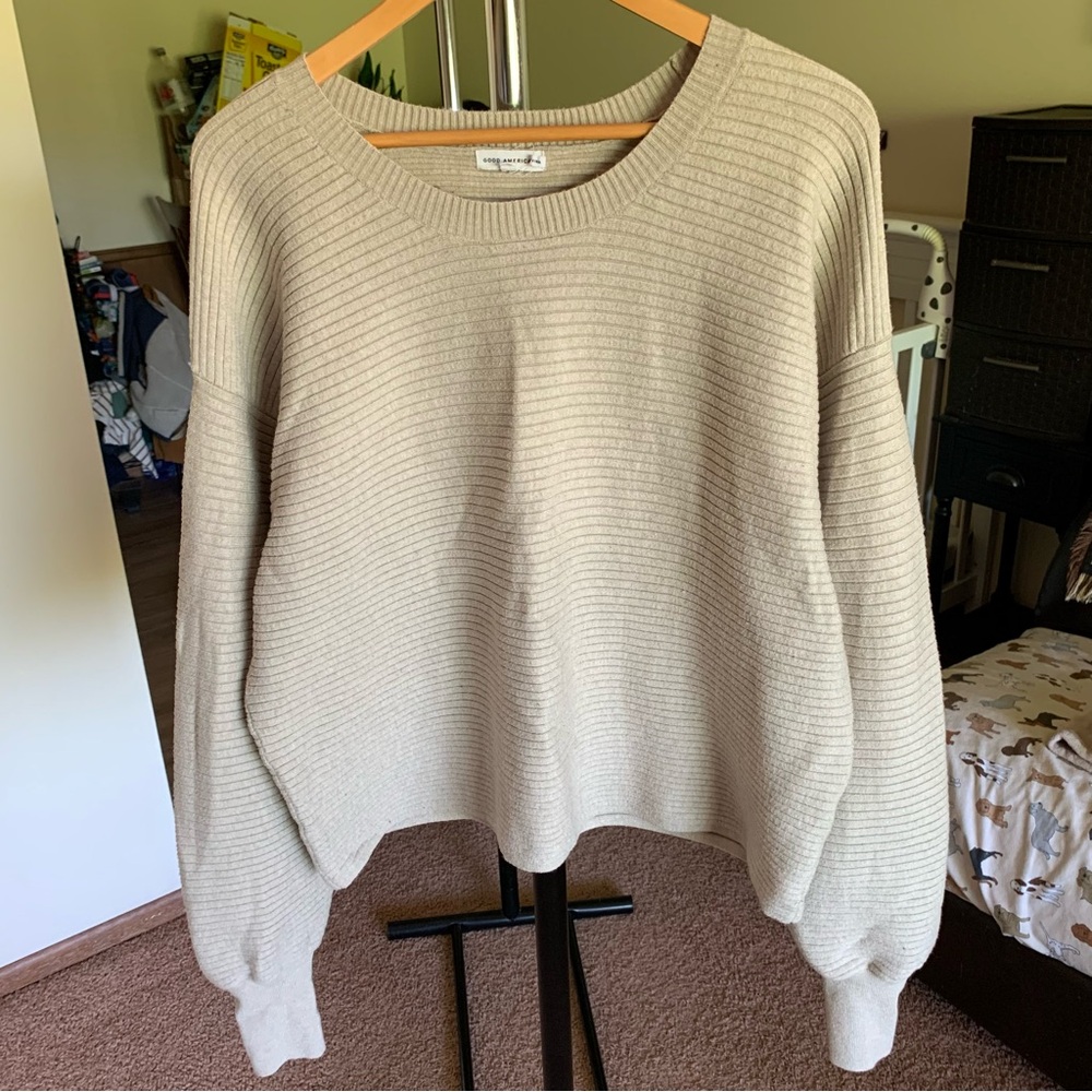 Good American Ribbed Crew Neck Pullover Sweater